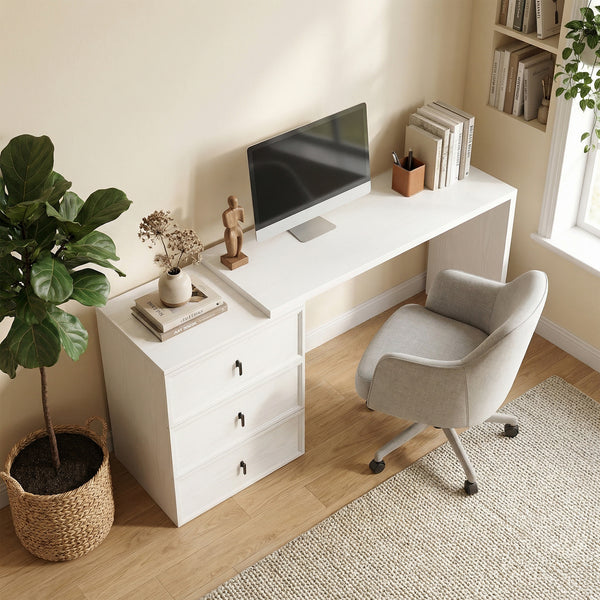 Convertible straight or L-shaped computer desk with 3 drawers and large workspace – White wood effect