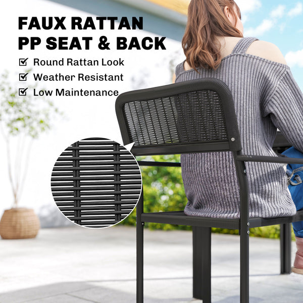 Outdoor dining set for 4 people, wood-look metal patio table and stackable chairs, black