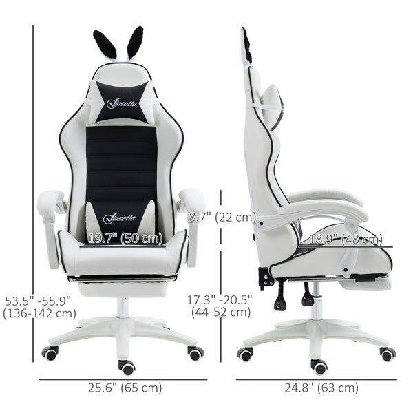 PU leather gaming chair with footrest, headrest and lumbar support, white and black