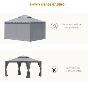 10'x13' Two-Tier Steel Covered Gazebo with Curtain, Gray