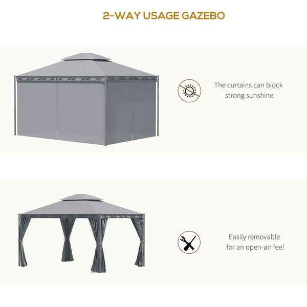 10'x13' Two-Tier Steel Covered Gazebo with Curtain, Gray