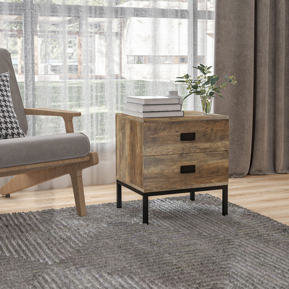 Retro-style bedside table with 2 drawers and a steel frame