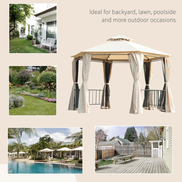 13 ft hexagonal gazebo with mosquito netting and shade curtains, beige
