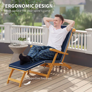 Folding Sun Lounger with Padded Cushion, Acacia Wood Recliner with Footrest for Garden, Navy Blue
