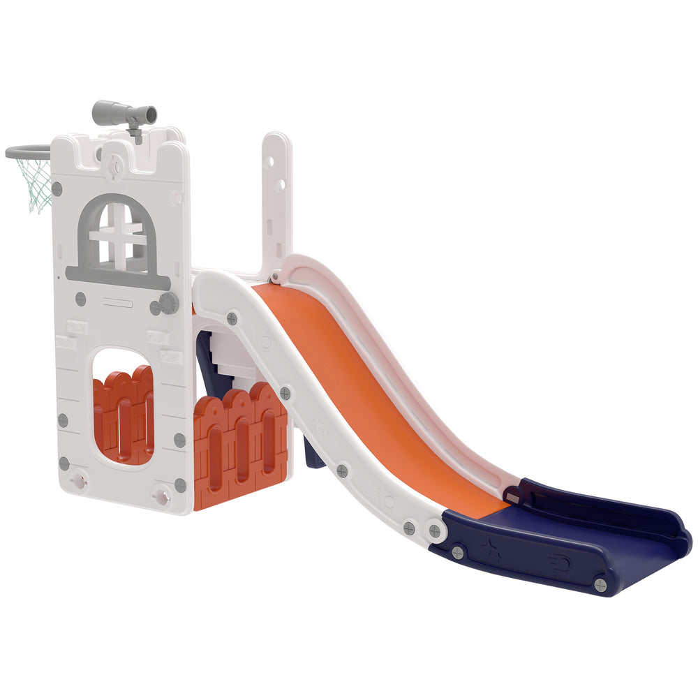 5-in-1 slide with basketball hoop, climbing structure, telescope and storage basket 