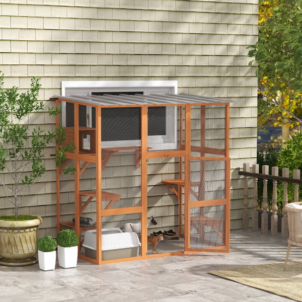 Cat enclosure with waterproof roof, resting niche and platforms, orange