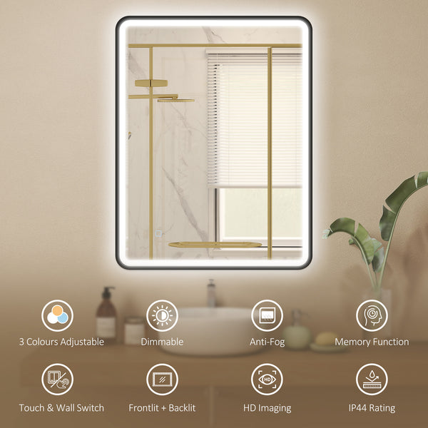 Bathroom mirror with LED lighting, wall-mounted, 3 colors, dimmable, horizontal/vertical format, black