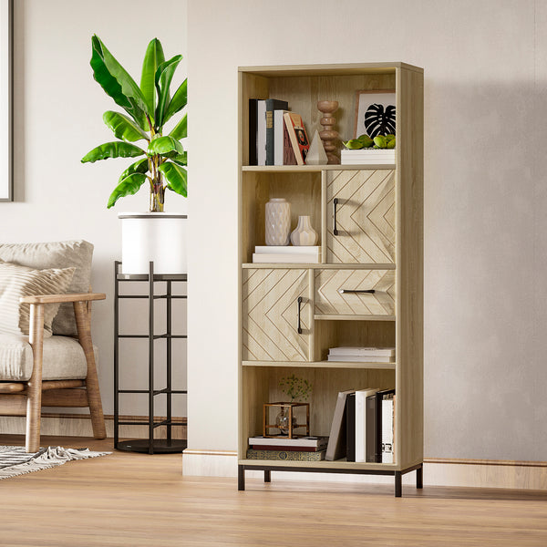 Bookcase with cabinets, drawers and open compartments, natural wood