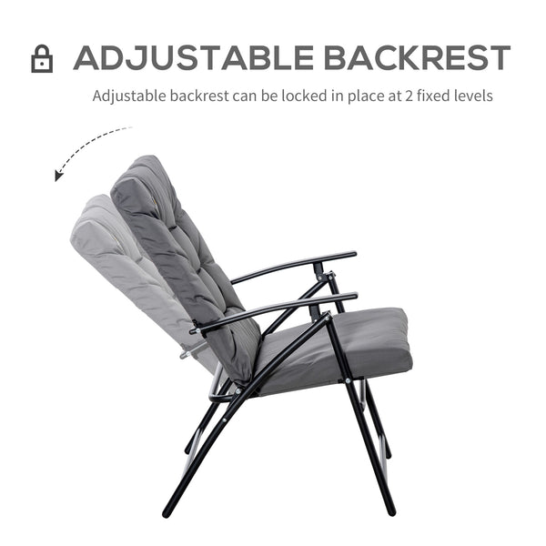 Reclining folding fabric chair with armrests, metal frame, gray