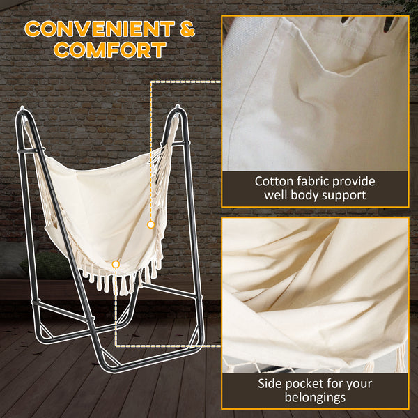 Hammock Chair with U Shape Stand, Hammock Swing Chair with A Side Pocket, Cream White