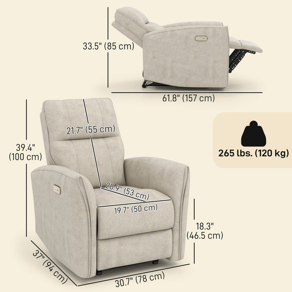 Electric reclining chair, fabric upholstery, USB ports, footrest, beige