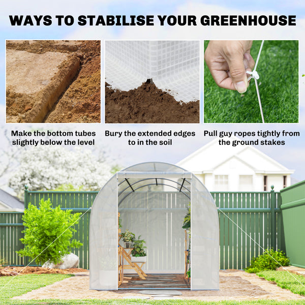 Portable tunnel greenhouse with door and ventilation window, white