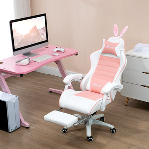 PU leather gaming chair with footrest, headrest and lumbar support, white and pink
