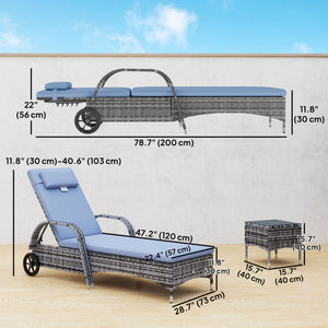 3 Pieces Patio Rattan Chaise Lounge Set, Outdoor PE Wicker Reclining Lounger Furniture Set, Adjustable Portable with Wheeled & Side Table, Grey