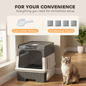 Enclosed litter box with drawer and top entry, grey