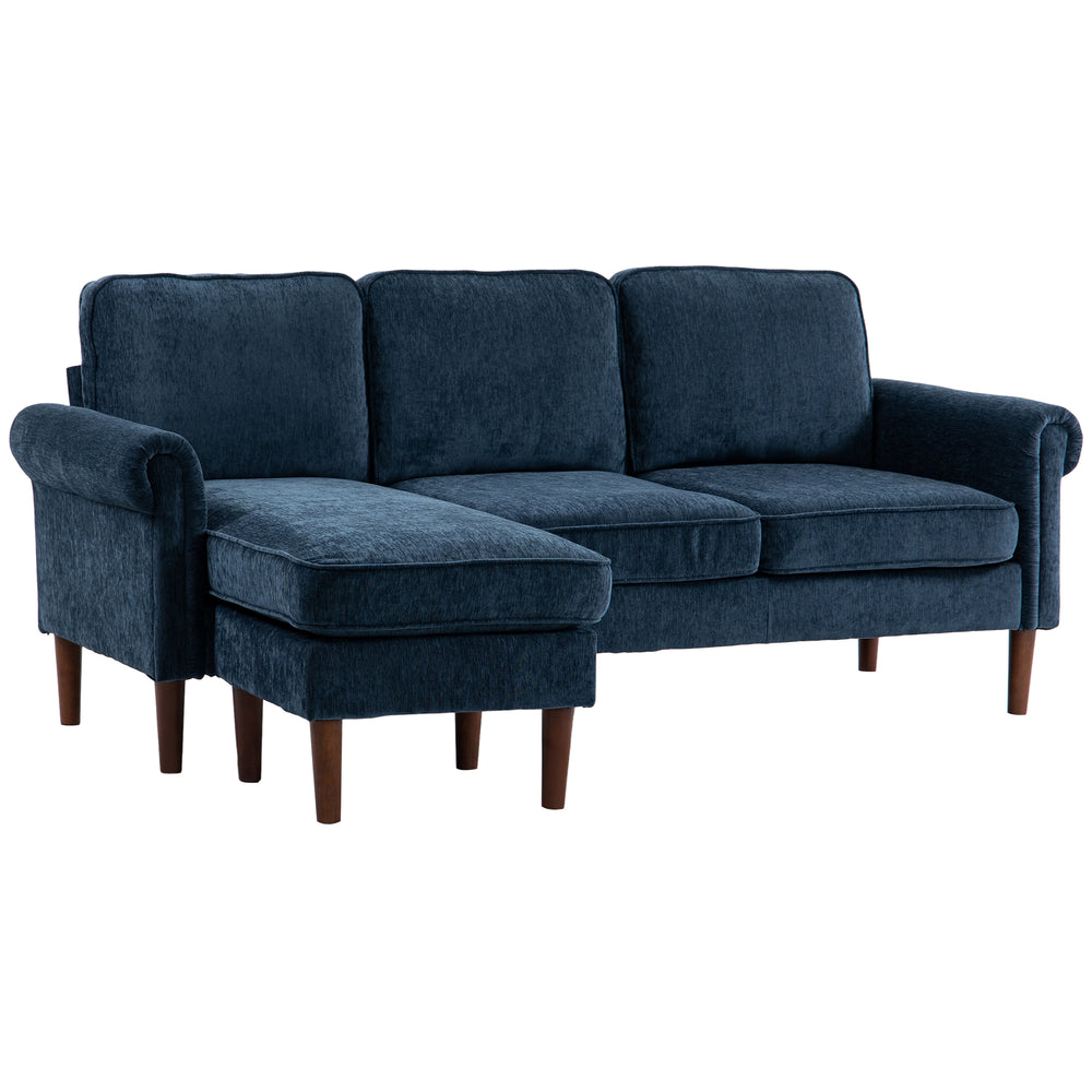 Modern corner sofa with removable chaise longue, wooden legs, dark blue