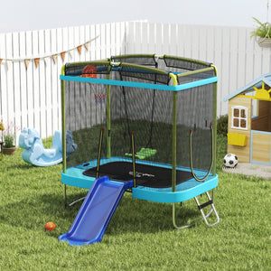 Trampoline with slide, swing, basketball hoop and safety net, light blue 