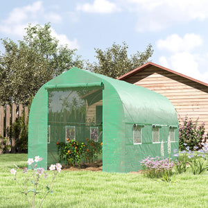 Greenhouse tunnel with roll-up door and 6 screened windows, steel frame, green