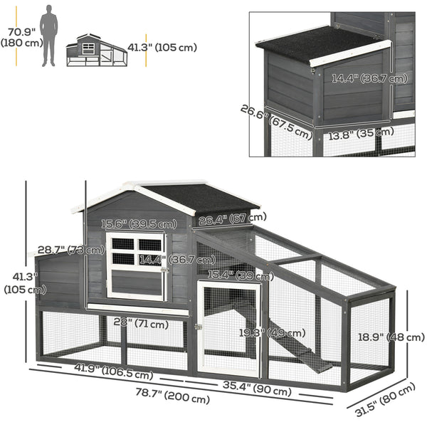Wooden chicken coop with removable tray, nesting box, run, and ramp, grey