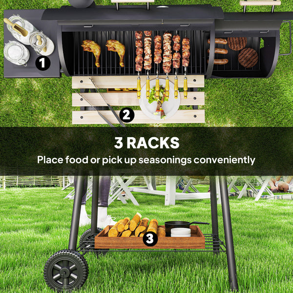 Charcoal BBQ Grill with Offset Smoker Portable Backyard Cooking Smoker, 124 x 53 x 104 cm, Black