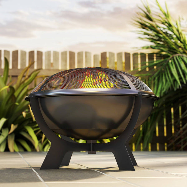 Outdoor Wood Burning Fire Pit with Poker, Portable Bonfire Pit, Black