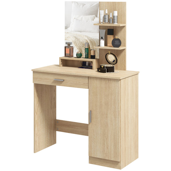 Dressing table with mirror, drawer and open compartment, natural wood