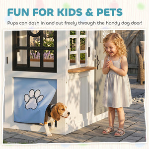 Wooden playhouse for children with cat flap, kitchen utensils, blackboard, bench, and doorbell