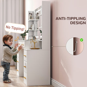 Dressing table with mirror and lighting, 7 drawers and 8 shelves, white