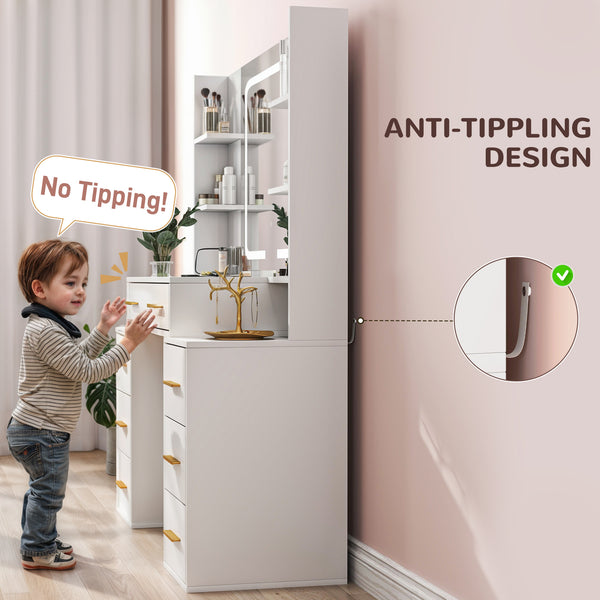 Dressing table with mirror and lighting, 7 drawers and 8 shelves, white