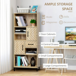 Bookcase with cabinets, drawers and open compartments, natural wood