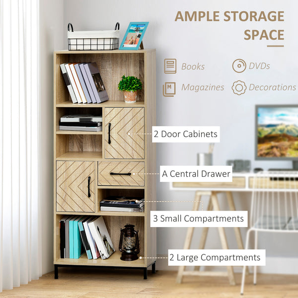 Bookcase with cabinets, drawers and open compartments, natural wood