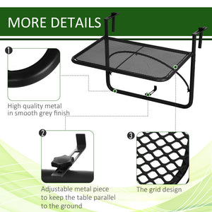 Adjustable metal balcony table, rectangular serving table, black
