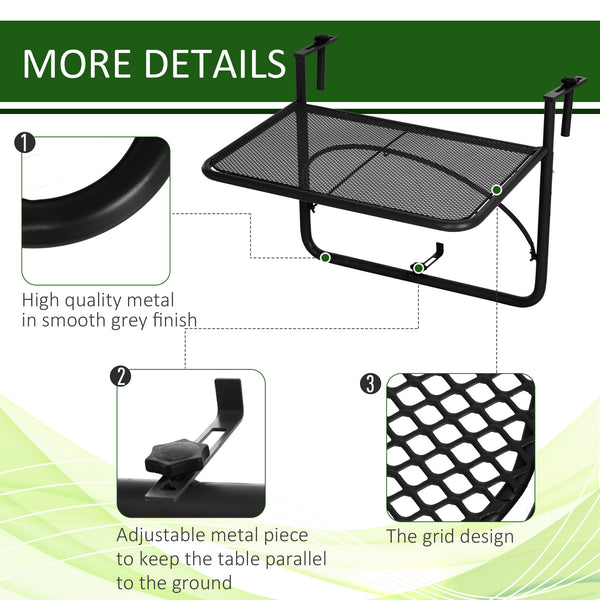 Adjustable metal balcony table, rectangular serving table, black