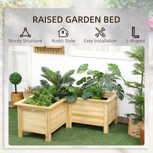 Raised L-shaped planter in natural wood