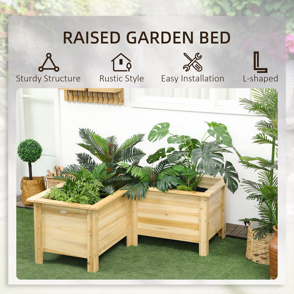 Raised L-shaped planter in natural wood