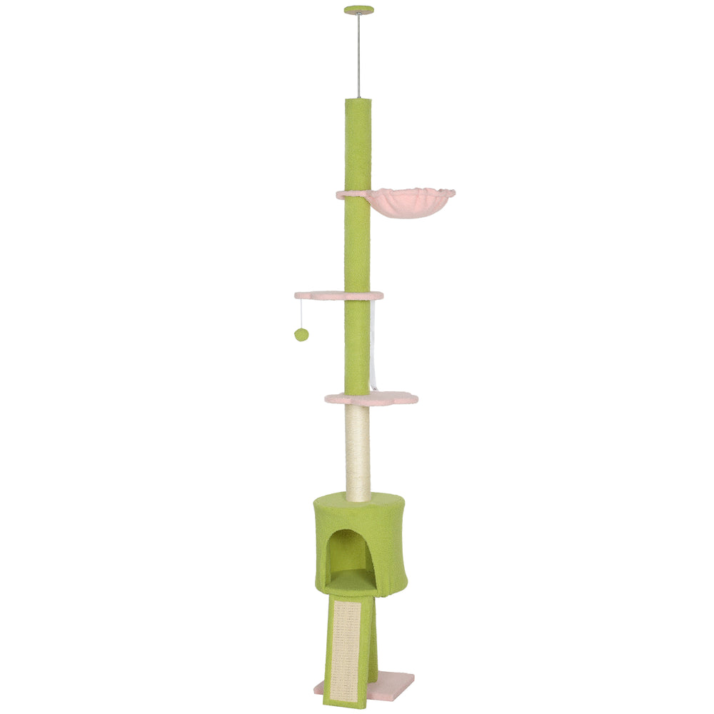 221-241cm Floor-to-Ceiling Cat Tree with Scratching Post, Condo &amp; Hammock, Green