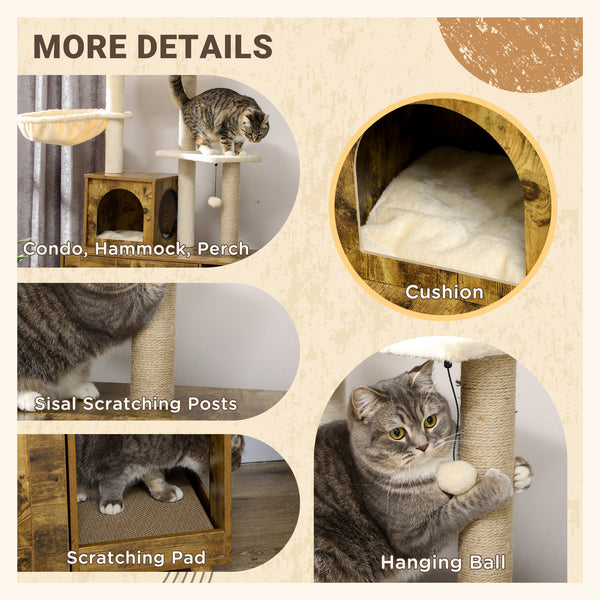Litter box furniture with cat tree tower, rustic brown