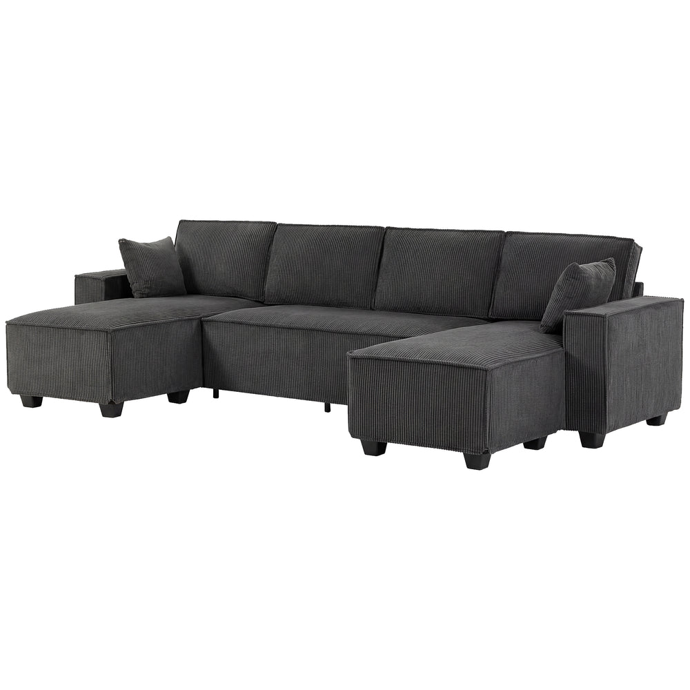 U-shaped modular corner sofa with double chaise longue and spring cushions, dark grey