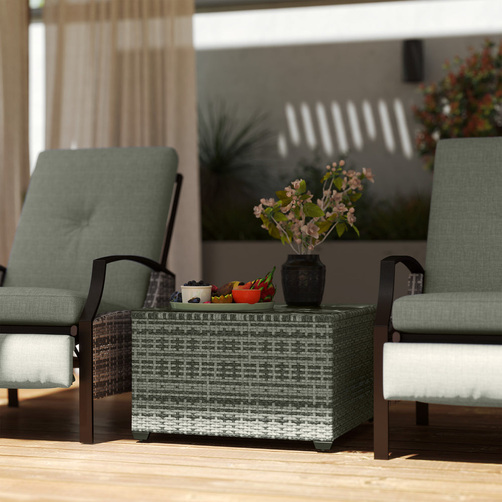 24.4" Patio Wicker Coffee Table, PE Rattan Outdoor Side Table with Tempered Glass Top, Light Grey