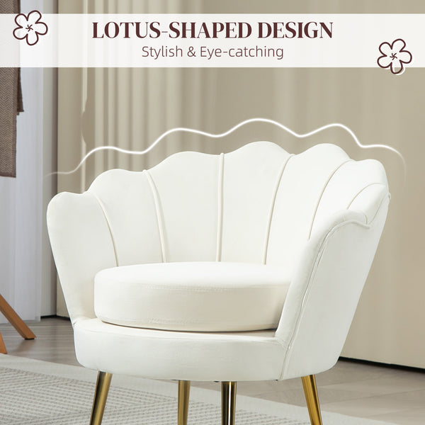 Lotus velvet fabric accent chair with gold metal legs, cream white