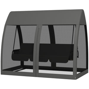 3-Seater Outdoor Swing Chair Chaise Lounger Bed Garden Hammock with Steel Stand, Canopy Netting Walls, Dark Grey