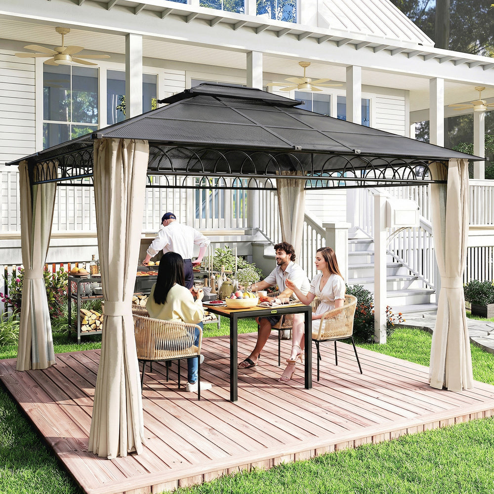 10' x 12' gazebo with double rigid roof, polycarbonate roof, steel frame, mosquito netting and curtains