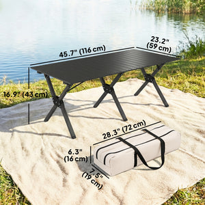 Waterproof foldable camping table with roll-up top and metal frame, black