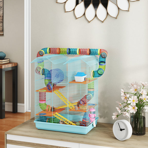 5-Level Hamster Cage for Small Animals with Tunnel System, Exercise Wheel, Water Bottle, Light Blue