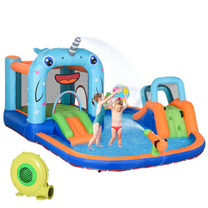 Large Narwhal Style Inflatable Water Castle with Slide, Trampoline, Pool