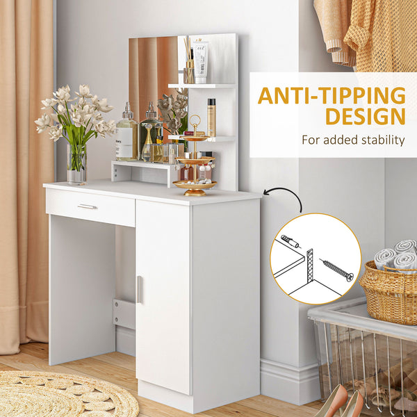 Dressing table with mirror, drawer and open compartment, white