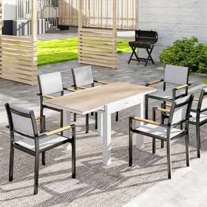 Extendable Patio Dining Table, Aluminum Frame Outdoor Patio Table with Faux Wood Top for Garden Backyard, Natural Wood