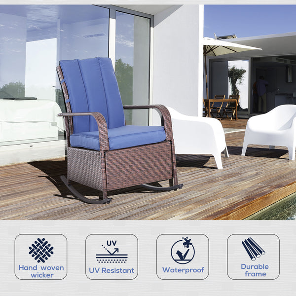 Outdoor reclining rocking chair in woven resin with cushion, dark blue