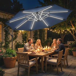 3m cantilever parasol with solar lighting, 360° rotation, tilt, and protective cover, navy blue