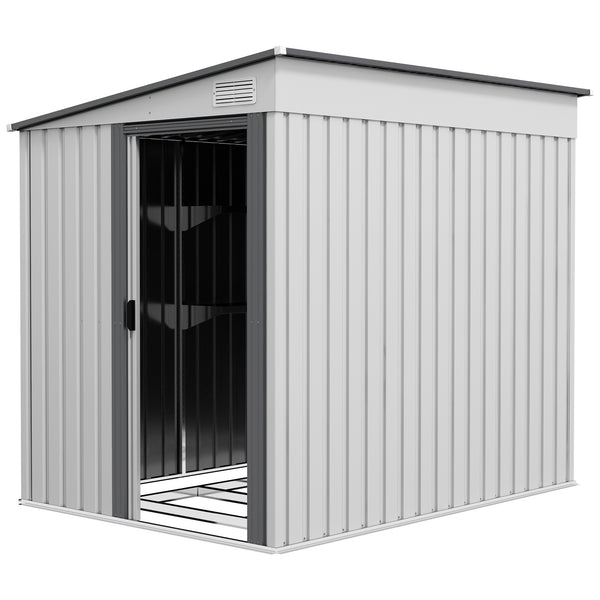Lean-to metal garden shed with foundation, sliding door and 2 vents, white